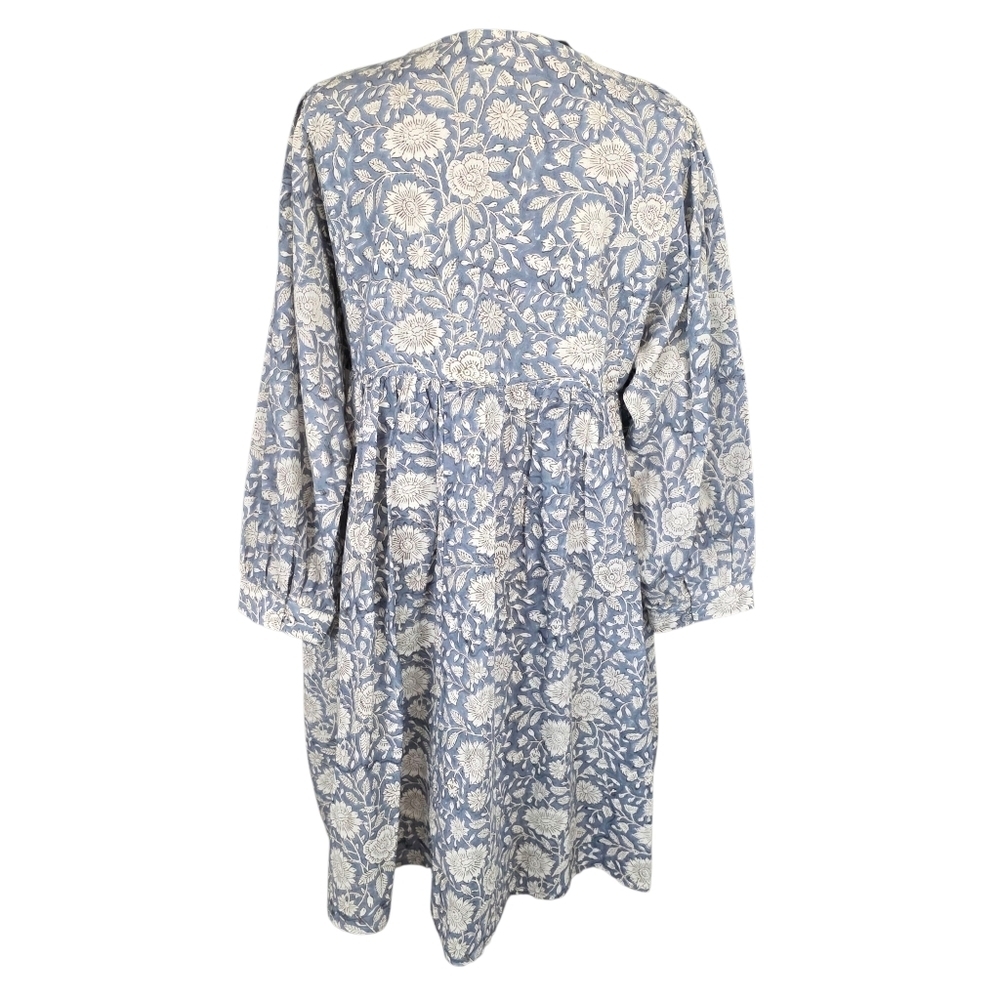 Beau & Ro Dusty Blue Floral Hand Block Print Cotton Boho Peasant Dress Small - Picture 8 of 11